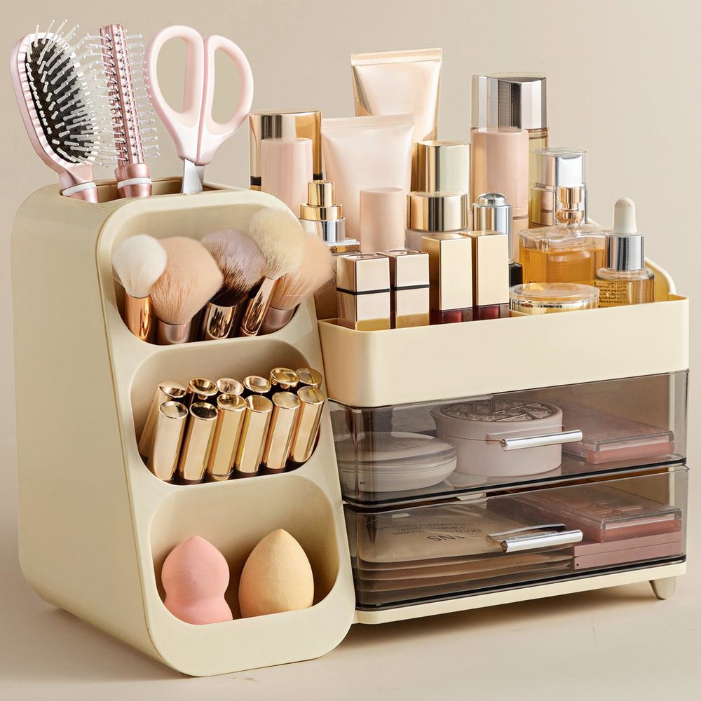 Makeup Organizer With Brush Holder For Vanity, Large Plastic Bathroom💟
